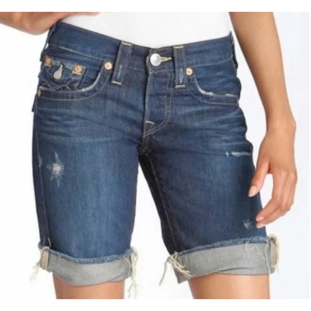 TRUE RELIGION JEANS Distressed Denim RILEY BERMUDA SHORTS Button-Fly Cuffed 27